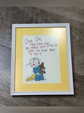 Vtg 80s- Baby Nursery Needlepoint- Dear God Kids. Framed